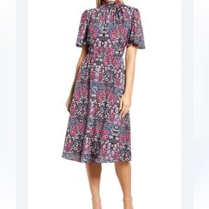 Julia Jordan Floral Ruffle Neck Flutter Sleeve Midi Dress | Size 8